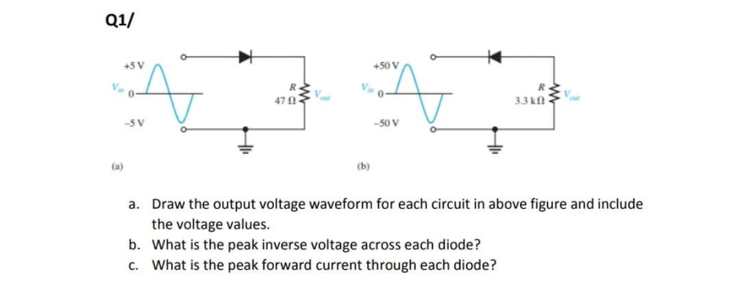 Q1/
+5 V
+50 V
V
R
Vut
Vin
R
47 -
3.3 kN
-5 V
-50 V
(a)
(b)
а.
Draw the output voltage waveform for each circuit in above figure and include
the voltage values.
b. What is the peak inverse voltage across each diode?
c. What is the peak forward current through each diode?
