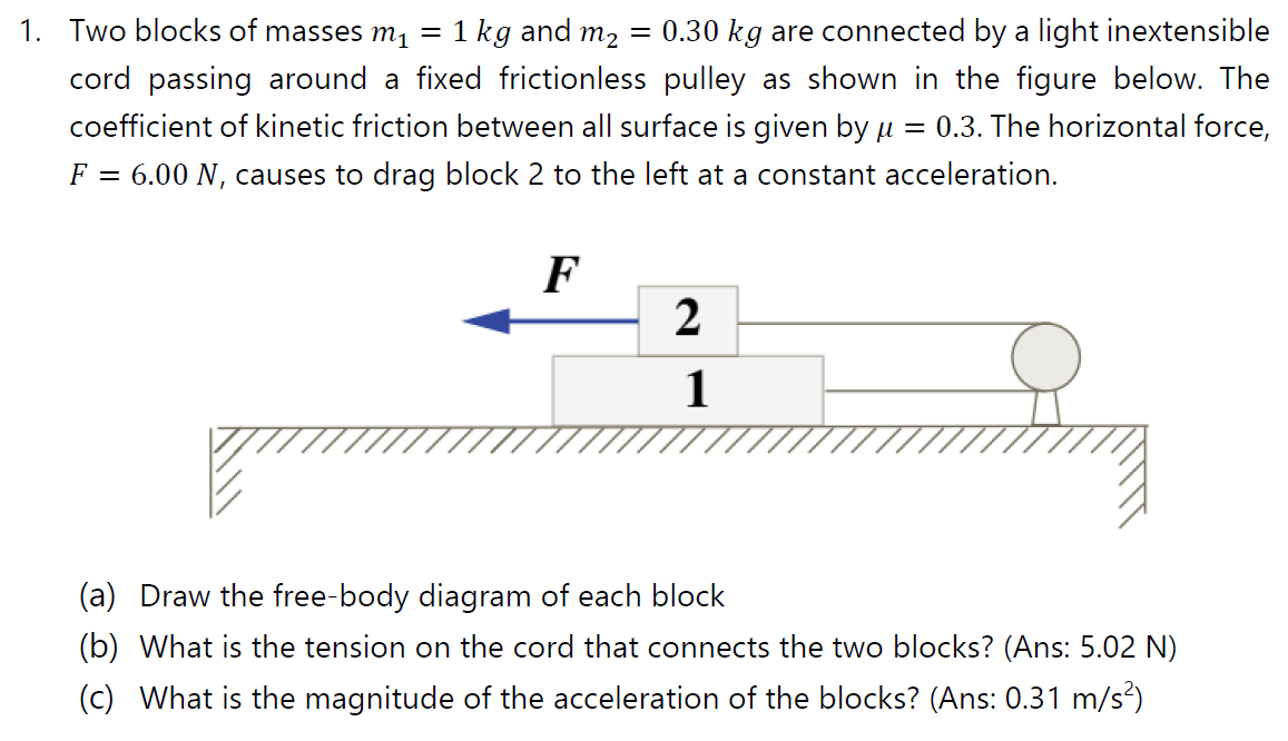 1. Two blocks of masses m¡ = 1 kg and m2
= 0.30 kg are connected by a light inextensible
cord passing around a fixed frictionless pulley as shown in the figure below. The
coefficient of kinetic friction between all surface is given by u =
0.3. The horizontal force,
F = 6.00 N, causes to drag block 2 to the left at a constant acceleration.
F
2
1
(a) Draw the free-body diagram of each block
(b) What is the tension on the cord that connects the two blocks? (Ans: 5.02 N)
(c) What is the magnitude of the acceleration of the blocks? (Ans: 0.31 m/s?)
