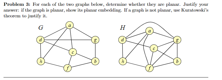 Problem 3: For each of the two graphs below, determine whether they are planar. Justify your
answer: if the graph is planar, show its planar embedding. If a graph is not planar, use Kuratowski's
theorem to justify it.
G
h
g
H
d
h
b