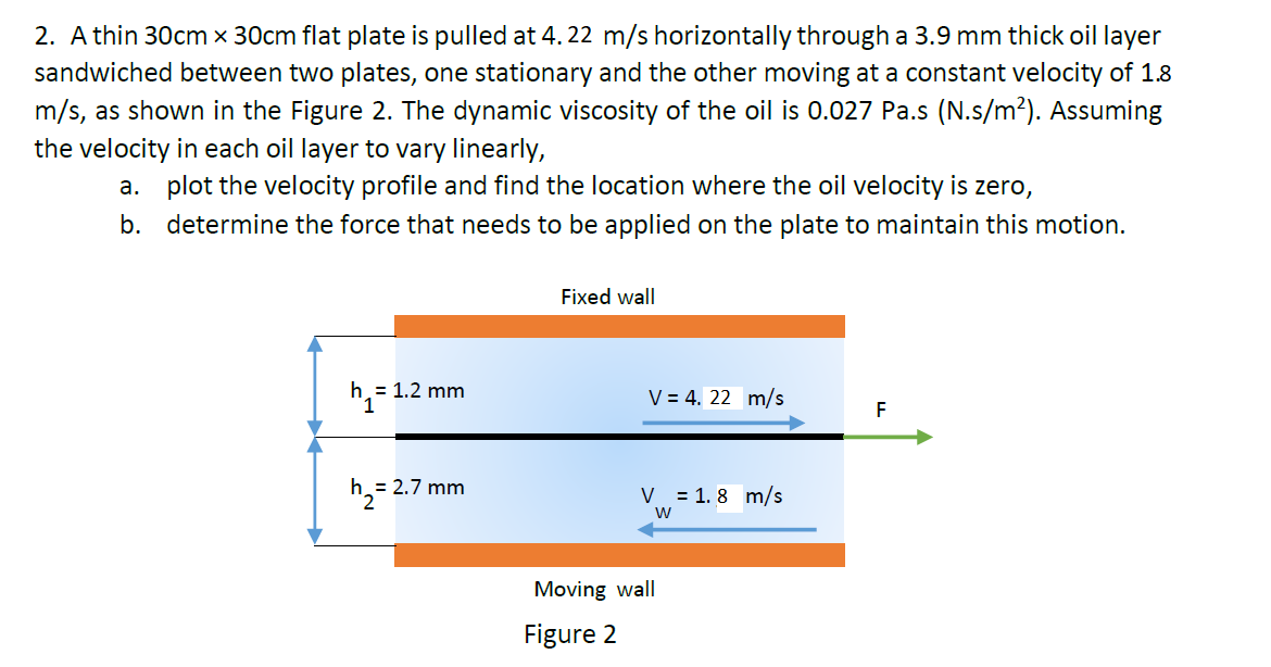 2. A thin 30cm x 30cm flat plate is pulled at 4. 22 m/s horizontally through a 3.9 mm thick oil layer
sandwiched between two plates, one stationary and the other moving at a constant velocity of 18
m/s, as shown in the Figure 2. The dynamic viscosity of the oil is 0.027 Pa.s (N.s/m²). Assuming
the velocity in each oil layer to vary linearly,
a. plot the velocity profile and find the location where the oil velocity is zero,
b. determine the force that needs to be applied on the plate to maintain this motion.
Fixed wall
h = 1.2 mm
1
V = 4. 22 m/s
F
= 2.7 mm
V = 1. 8 m/s
Moving wall
Figure 2
