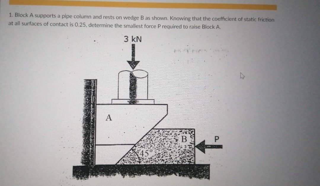 1. Block A supports a pipe column and rests on wedge B as shown. Knowing that the coefficient of static friction
at all surfaces of contact is 0.25, determine the smallest force P required to raise Block A.
3 kN
B