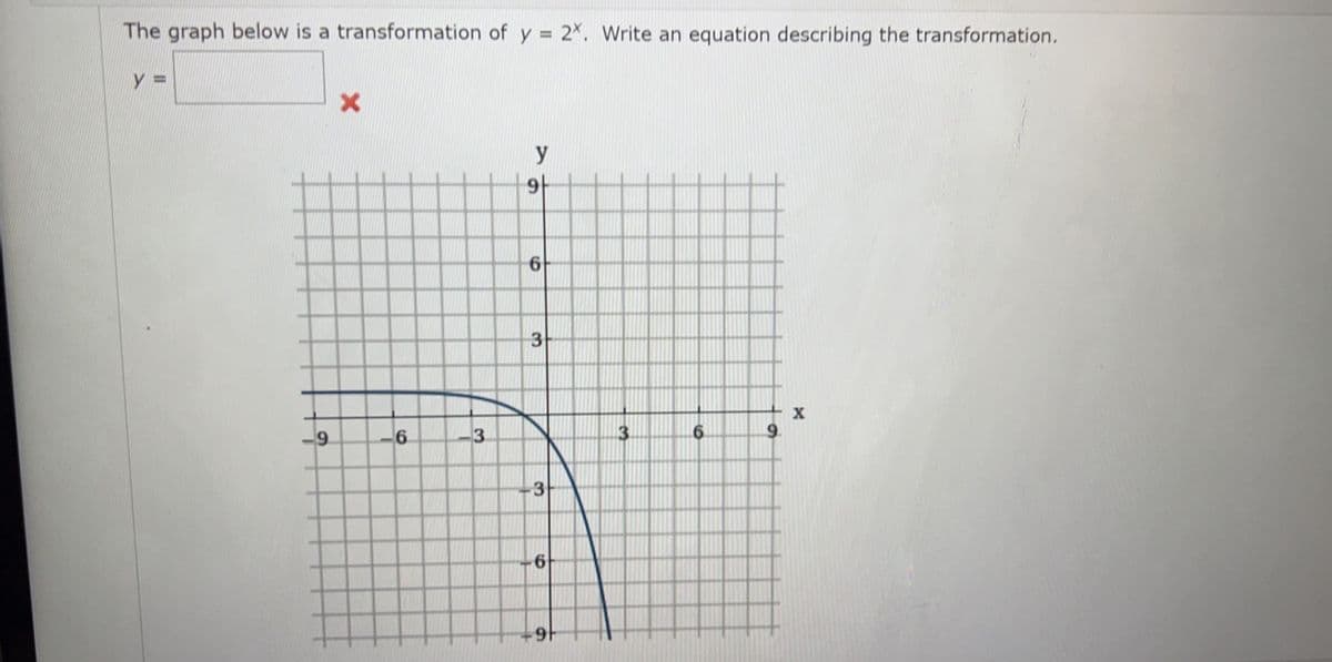 The graph below is a transformation of y = 2X. Write an equation describing the transformation.
у=
9
x
6
3
y
9+
6
3
3
6
91
3.
6
9
X