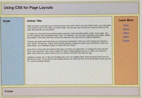 Using CSS for Page Layouts
Aside
Articie Title
Leam More
V pood apo
T0 b rwon on he
pwet
sum
Eeach oher
thes choose ihe en
resanpe
Footer
