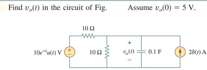 Find v,(t) in the circuit of Fig.
Assume v,(0) = 5 V.
10 Ω
10eu(t) V
10 Ω
v,(1)
0.1 F
28(t) A
+
