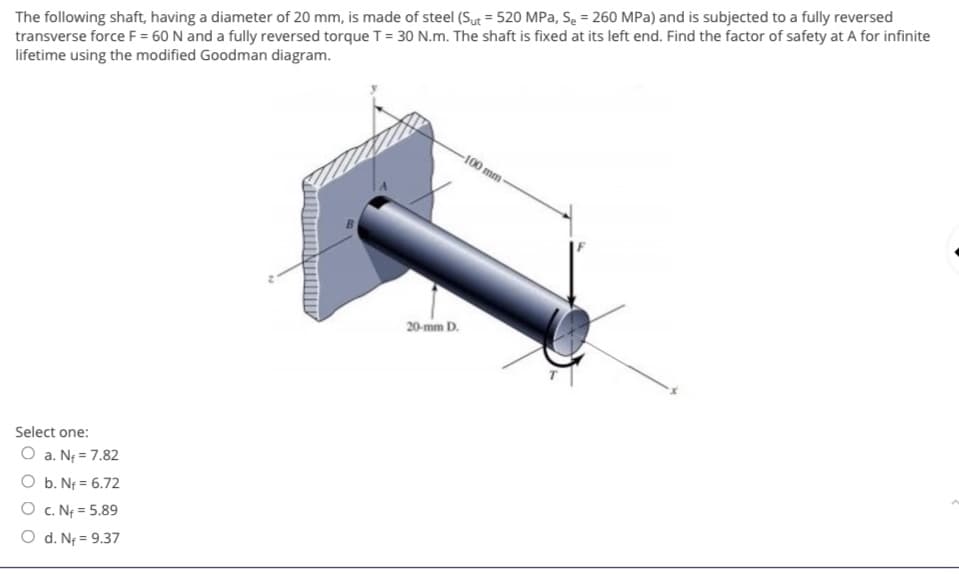 The following shaft, having a diameter of 20 mm, is made of steel (Sut = 520 MPa, Se = 260 MPa) and is subjected to a fully reversed
transverse force F = 60 N and a fully reversed torque T = 30 N.m. The shaft is fixed at its left end. Find the factor of safety at A for infinite
lifetime using the modified Goodman diagram.
-100 mm
20-mm D.
Select one:
O a. Nf = 7.82
O b. Nf = 6.72
O c. Nf = 5.89
%3D
O d. Nf = 9.37
