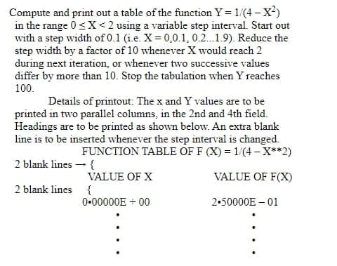 Compute and print out a table of the function Y = 1/(4 – x?)
in the range 0 <X<2 using a variable step interval. Start out
with a step width of 0.1 (i.e. X = 0,0.1, 0.2.1.9). Reduce the
step width by a factor of 10 whenever X would reach 2
during next iteration, or whenever two successive values
differ by more than 10. Stop the tabulation when Y reaches
100.
Details of printout: The x and Y values are to be
printed in two parallel columns, in the 2nd and 4th field.
Headings are to be printed as shown below. An extra blank
line is to be inserted whenever the step interval is changed.
FUNCTION TABLE OF F (X) = 1/(4 -X**2)
2 blank lines - {
VALUE OF X
VALUE OF F(X)
2 blank lines {
0•00000E + 00
2-50000E – 01
