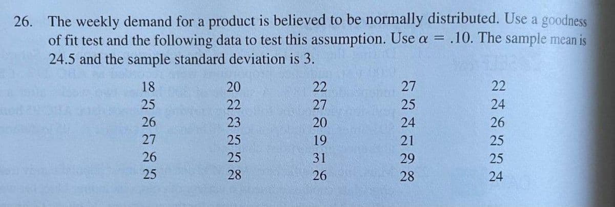 26. The weekly demand for a product is believed to be normally distributed. Use a goodness
of fit test and the following data to test this assumption. Use a = .10. The sample mean is
24.5 and the sample standard deviation is 3.
18
20
22
27
22
25
22
27
25
24
26
23
20
24
26
27
25
19
21
25
26
25
31
29
25
25
28
26
28
24
