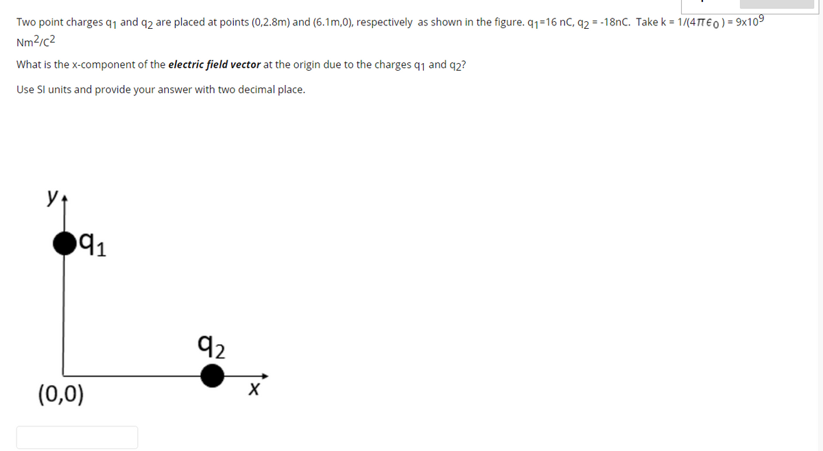 Two point charges q1 and q2 are placed at points (0,2.8m) and (6.1m,0), respectively as shown in the figure. q1=16 nC, q2 = -18nC. Take k = 1/(4TTE0) = 9x109
Nm2/c2
What is the x-component of the electric field vector at the origin due to the charges q1 and q2?
Use Sl units and provide your answer with two decimal place.
92
(0,0)
