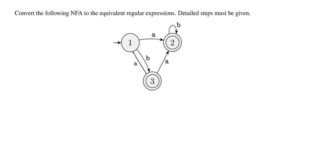 Convert the following NFA to the equivalent regular expressions. Detailed steps must be given.
a
3
