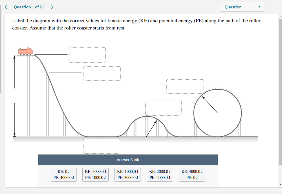 Label the diagram with the correct values for kinetic energy (KE) and potential energy (PE) along the path of the roller
coaster. Assume that the roller coaster starts from rest.
Answer Bank
KE: 0J
KE: 3000.0 J
KE: 1000.0 J
KE: 2000.0 J
KE: 4000.0 J
PE: 4000.0 J
PE: 1000.0 J
PE: 3000.0 J
PE: 2000.0 J
PE: 0J
