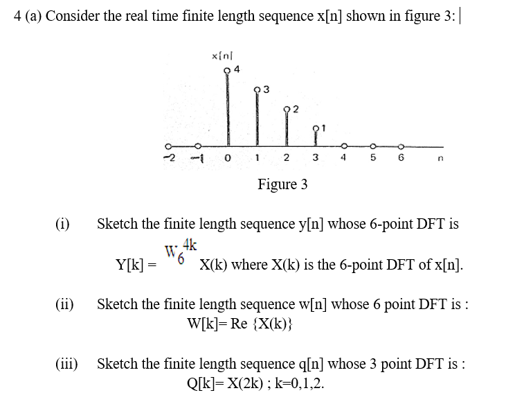 4 (a) Consider the real time finite length sequence x[n] shown in figure 3:|
x{nl
94
93
-2
1 0 1 2
3 4 5
Figure 3
(i)
Sketch the finite length sequence y[n] whose 6-point DFT is
4k
W
9.
X(k) where X(k) is the 6-point DFT of x[n].
Y[k] =
(ii)
Sketch the finite length sequence w[n] whose 6 point DFT is :
W[k]= Re {X(k)}
(iii)
Sketch the finite length sequence q[n] whose 3 point DFT is :
Q[k]= X(2k) ; k=0,1,2.
