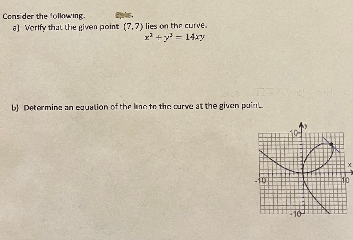 Consider the following.
a) Verify that the given point (7,7) lies on the curve.
x³ + y³ = 14xy
b) Determine an equation of the line to the curve at the given point.
Ay
10
X
-10
10
140
