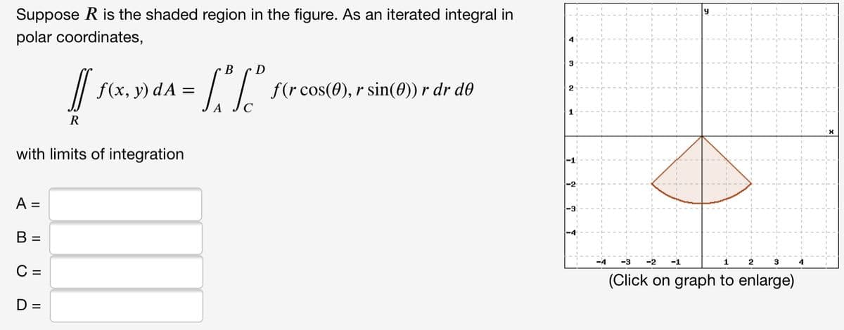 Suppose R is the shaded region in the figure. As an iterated integral in
polar coordinates,
В
/| f(x, y) dA =
f(r cos(0), r sin(0)) r dr d0
2
R
with limits of integration
A =
В -
-4
-3
-2
-1
1
2
C =
(Click on graph to enlarge)
D =
