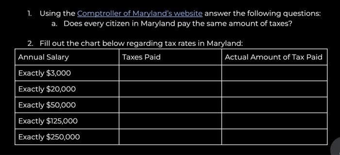 1. Using the Comptroller of Maryland's website answer the following questions:
a. Does every citizen in Maryland pay the same amount of taxes?
2. Fill out the chart below regarding tax rates in Maryland:
Annual Salary
Taxes Paid
Actual Amount of Tax Paid
Exactly $3,000
Exactly $20,00o
Exactly $50,00O
Exactly $125,00O
Exactly $250,000

