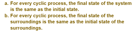a. For every cyclic process, the final state of the system
is the same as the initial state.
b. For every cyclic process, the final state of the
surroundings is the same as the initial state of the
surroundings.