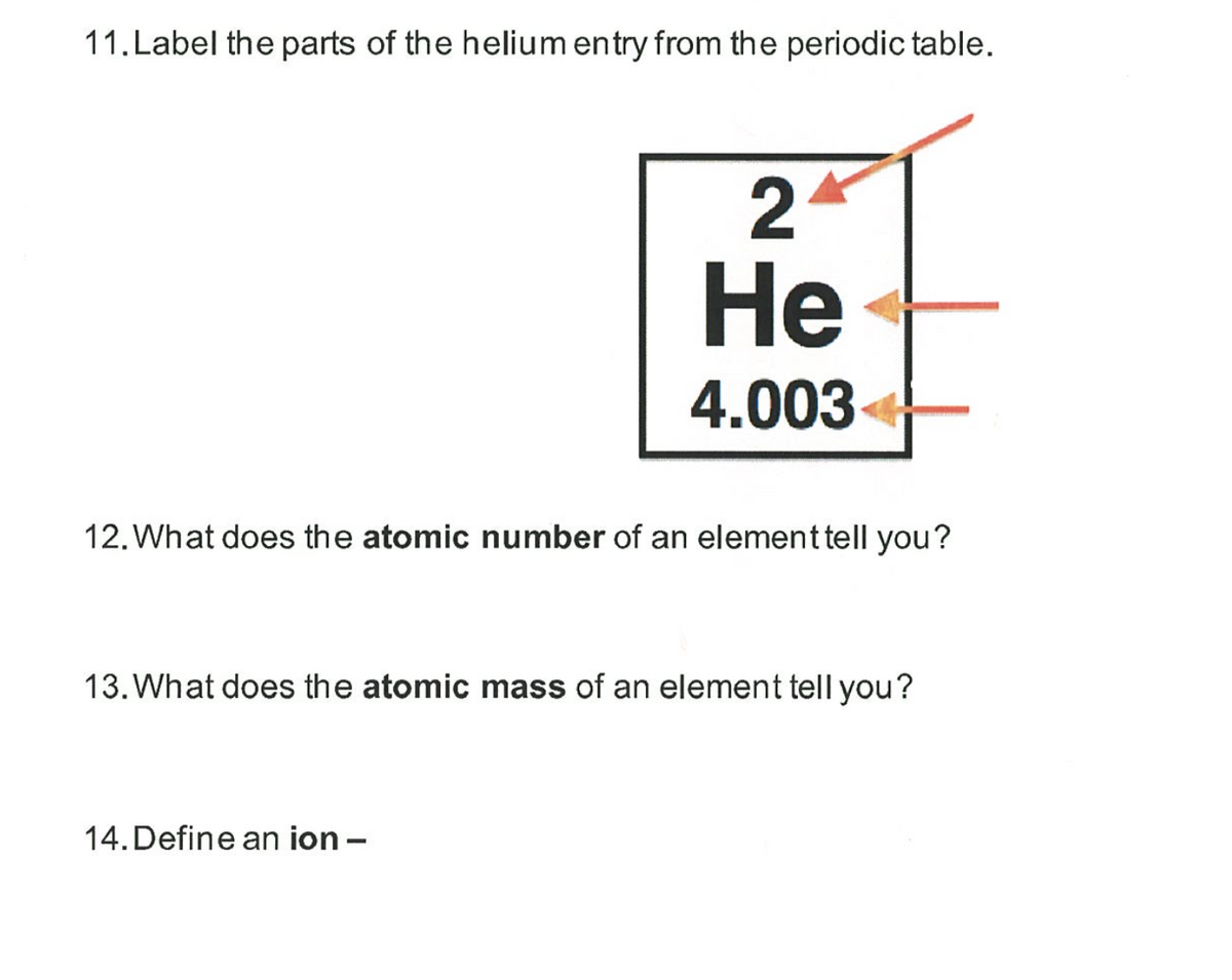11.Label the parts of the helium entry from the periodic table.
2
Не
4.003
12. What does the atomic number of an element tell you?
13. What does the atomic mass of an element tell you?
14. Define an ion -

