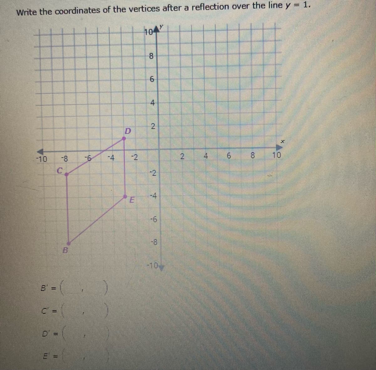 Write the coordinates of the vertices after a reflection over the line y = 1.
104
8.
2
-10
9-
-4
-2
2.
4.
9.
8.
10
-2
-4
-10
B%3D
C3=
D%3=
4.
