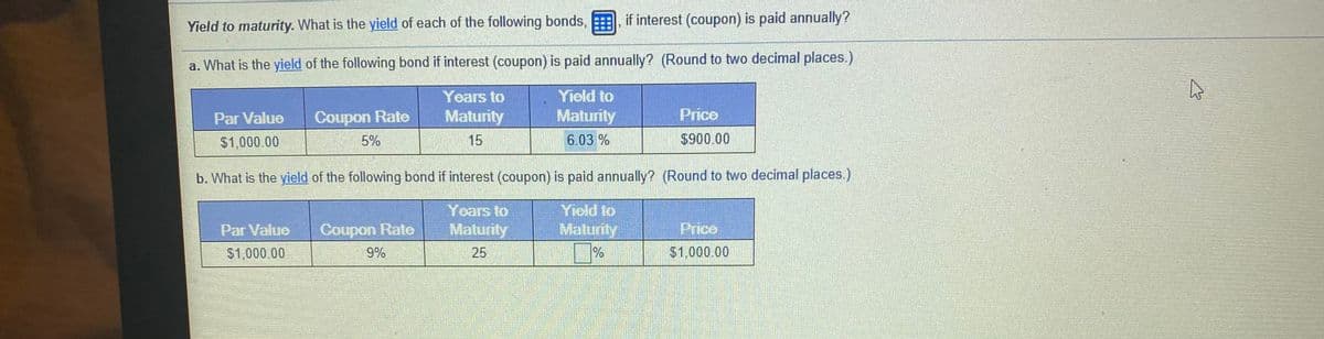 Yield to maturity. What is the yield of each of the following bonds,
if interest (coupon) is paid annually?
a. What is the yield of the following bond if interest (coupon) is paid annually? (Round to two decimal places.)
Years to
Yield to
Par Value
Coupon Rate
Maturity
Maturity
Price
$1,000.00
5%
15
6.03 %
$900.00
b. What is the yield of the following bond if interest (coupon) is paid annually? (Round to two decimal places.)
Yiold to
Maturity
Yoars to
Par Valuo
Coupon Rate
Maturity
Price
$1,000.00
9%
25
$1,000.00
