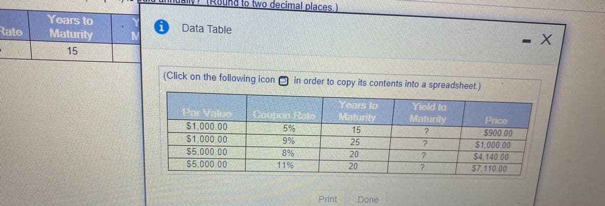 Round to two decimal places.)
Years to
i Data Table
Rate
Maturity
15
(Click on the following icon in order to copy its contents into a spreadsheet.)
Years to
Matunty
Yield to
Maturity
CouponRate
5%
Price
51,000.00
$1.000.00
S5,000.00
15
$900.00
25
20
9%
$1,000.00
8%
$4,140.00
S5.000.00
11%
20
$7.110.00
Print
Done
