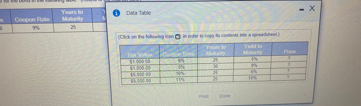 Years to
i Data Table
Coupon Rate
Maturity
9%
25
(Click on the following icon O in order to copy its contents into a spreadsheet.)
Yield to
Maturity
5%
9%
6%
10%
Years lo
Price
Cotron Rat
9%
Par Value
$1,000.00
$1,000.00
$5,000.00
$5.000.00
25
30
5%
10%
11%
25
25
Print
Done
