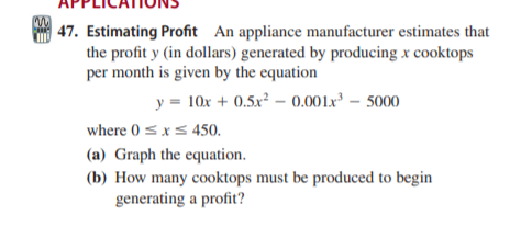 47. Estimating Profit An appliance manufacturer estimates that
the profit y (in dollars) generated by producing x cooktops
per month is given by the equation
y = 10x + 0.5x² – 0.001x³ – 5000
where 0 <x< 450.
(a) Graph the equation.
(b) How many cooktops must be produced to begin
generating a profit?
