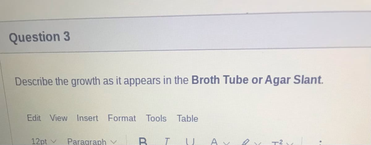 Question 3
Describe the growth as it appears in the Broth Tube or Agar Slant.
Edit View
Insert Format Tools Table
12pt V
Paragraph V
U.
T2
