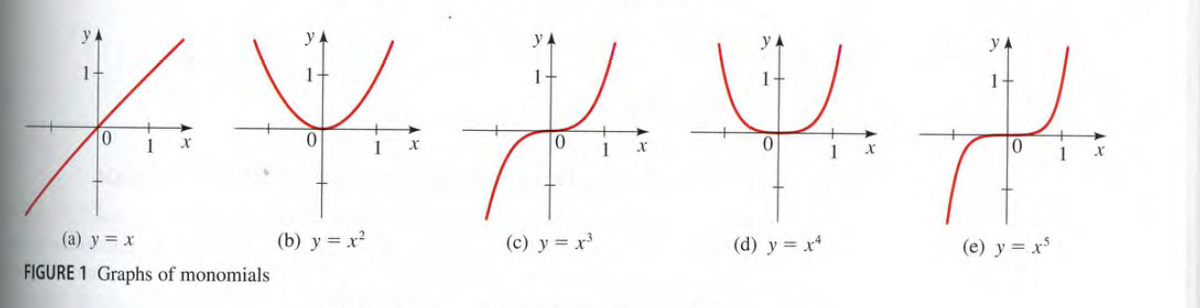 y 4
y
1-
1
1+
(a) y = x
(b) y = x²
(c) y = x³
(d) y = x*
(e) y = x*
FIGURE 1 Graphs of monomials
