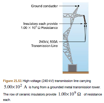 Ground conductor
Insulators each provide
1.00 x 10° 2 Rosistance
240kV, 500A
Transmission Line
Figure 21.51 High-voltage (240-kV) transmission line carrying
5.00x 102 A is hung from a grounded metal transmission tower.
The row of ceramic insulators provide 1.00x10° 2 of resistance
each.
