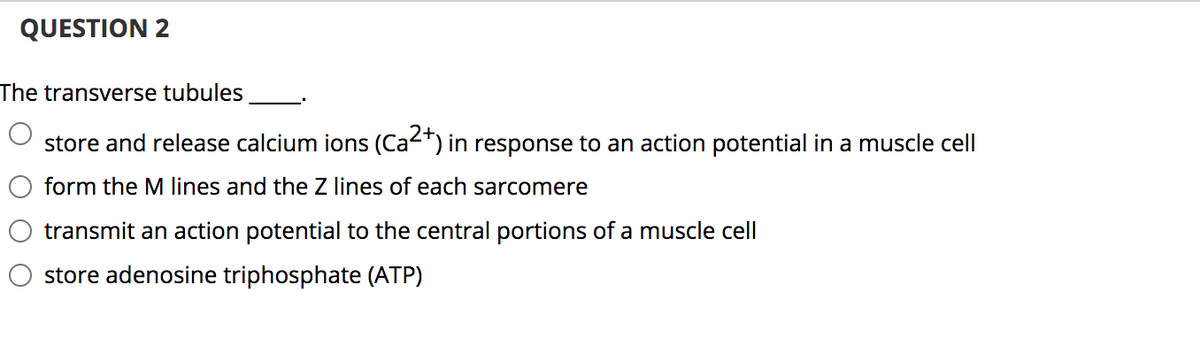 QUESTION 2
The transverse tubules
store and release calcium ions (Ca2+) in response to an action potential in a muscle cell
form the M lines and the Z lines of each sarcomere
transmit an action potential to the central portions of a muscle cell
store adenosine triphosphate (ATP)
