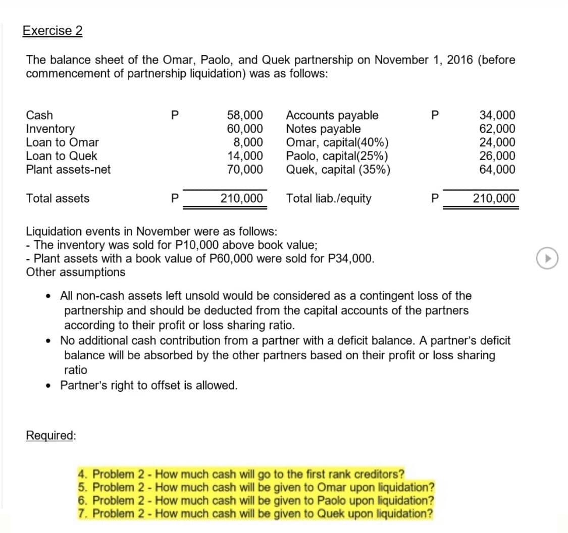 Exercise 2
The balance sheet of the Omar, Paolo, and Quek partnership on November 1, 2016 (before
commencement of partnership liquidation) was as follows:
58,000
60,000
8,000
14,000
70,000
Accounts payable
Notes payable
Omar, capital(40%)
Paolo, capital(25%)
Quek, capital (35%)
34,000
62,000
24,000
26,000
64,000
Cash
P
Inventory
Loan to Omar
Loan to Quek
Plant assets-net
Total assets
210,000
Total liab./equity
210,000
Liquidation events in November were as follows:
- The inventory was sold for P10,000 above book value;
- Plant assets with a book value of P60,000 were sold for P34,000.
Other assumptions
• All non-cash assets left unsold would be considered as a contingent loss of the
partnership and should be deducted from the capital accounts of the partners
according to their profit or loss sharing ratio.
• No additional cash contribution from a partner with a deficit balance. A partner's deficit
balance will be absorbed by the other partners based on their profit or loss sharing
ratio
• Partner's right to offset is allowed.
Required:
4. Problem 2 - How much cash will go to the first rank creditors?
5. Problem 2 - How much cash will be given to Omar upon liquidation?
6. Problem 2 - How much cash will be given to Paolo upon liquidation?
7. Problem 2 - How much cash will be given to Quek upon liquidation?
