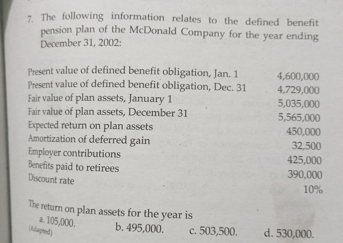 - The following information relates to the defined benefit
pension plan of the McDonald Company for the
year ending
December 31, 2002:
Present value of defined benefit obligation, Jan. 1
4,600,000
Present value of defined benefit obligation, Dec. 31
Fair value of plan assets, January 1
Fair value of plan assets, December 31
Expected return on plan assets
Amortization of deferred gain
Employer contributions
Benefits paid to retirees
4,729,000
5,035,000
5,565,000
450,000
32,500
425,000
390,000
Discount rate
10%
The return on plan assets for the year is
a. 105,000.
(Adapted)
d. 530,000.
b. 495,000.
c. 503,500.
