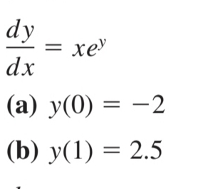 dy
dx
= xey
(a) y(0) = −2
-2
(b) y(1) = 2.5