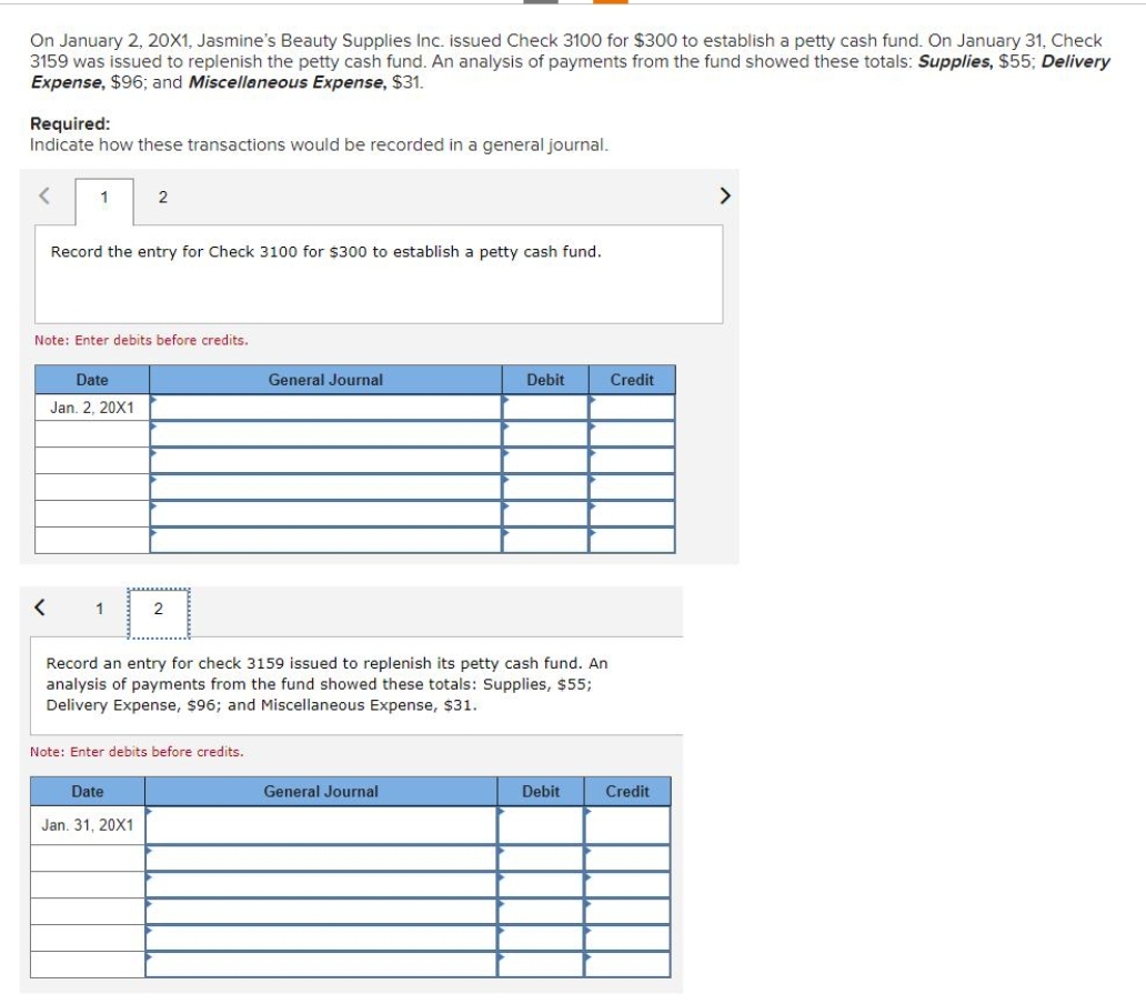 On January 2, 20X1, Jasmine's Beauty Supplies Inc. issued Check 3100 for $300 to establish a petty cash fund. On January 31, Check
3159 was issued to replenish the petty cash fund. An analysis of payments from the fund showed these totals: Supplies, $55; Delivery
Expense, $96; and Miscellaneous Expense, $31.
Required:
Indicate how these transactions would be recorded in a general journal.
1
<
Record the entry for Check 3100 for $300 to establish a petty cash fund.
Note: Enter debits before credits.
Date
Jan. 2, 20X1
2
1
2
Date
Jan. 31, 20X1
Note: Enter debits before credits.
General Journal
Record an entry for check 3159 issued to replenish its petty cash fund. An
analysis of payments from the fund showed these totals: Supplies, $55;
Delivery Expense, $96; and Miscellaneous Expense, $31.
Debit
General Journal
Debit
Credit
Credit
>
