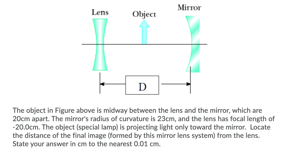 Mirror
Lens
Object
D
The object in Figure above is midway between the lens and the mirror, which are
20cm apart. The mirror's radius of curvature is 23cm, and the lens has focal length of
-20.0cm. The object (special lamp) is projecting light only toward the mirror. Locate
the distance of the final image (formed by this mirror lens system) from the lens.
State your answer in cm to the nearest 0.01 cm.

