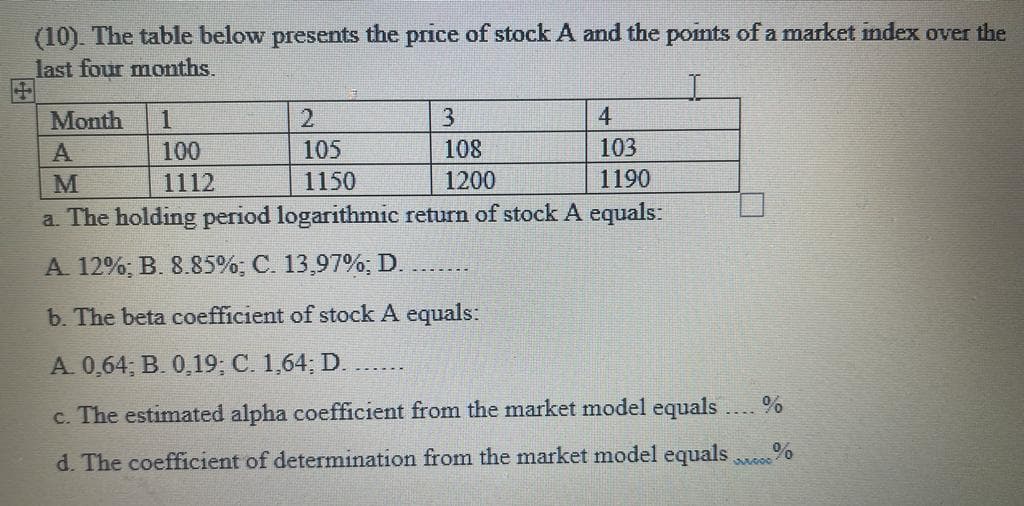 (10). The table below presents the price of stock A and the points of a market index over the
last four moths.
Month
1
3
4
A
100
105
108
103
1112
1150
1200
1190
a. The holding period logarithmic return of stock A equals:
A. 12%; B. 8.85%; C. 13,97%; D.
b. The beta coefficient of stock A equals:
A. 0,64; B. 0,19; C. 1,64; D.
......
%
c. The estimated alpha coefficient from the market model equals
d. The coefficient of determination from the market model equals
