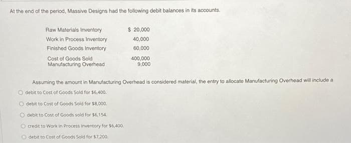 At the end of the period, Massive Designs had the following debit balances in its accounts.
Raw Materials Inventory
Work in Process Inventory
$ 20,000
40,000
Finished Goods Inventory
60,000
400,000
9,000
Cost of Goods Sold
Manufacturing Overhead
Assuming the amount in Manufacturing Overhead is considered material, the entry to allocate Manufacturing Overhead will include a
O debit to Cost of Goods Sold for $6,400.
O debit to Cost of Goods Sold for $8,000.
Odebit to Cost of Goods sold for $6,154.
O credit to Work in Process Inventory for $6,400.
Odebit to Cost of Goods Sold for $7,200.