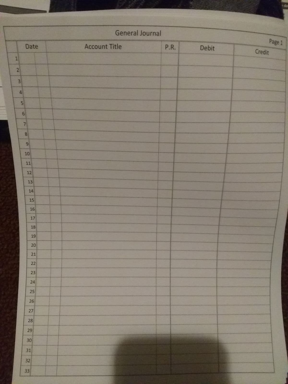 do
General Journal
Page 1
Date
Account Title
P.R.
Debit
Credit
1
4
7
10
11
12
13
14
16
17
18
19
20
21
22
24
26
28
29
30
31
32
33
15
23
25
5.
6,
27
3.
2.
