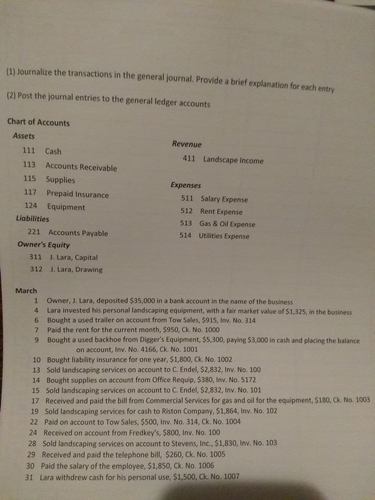 (1) Journalize the transactions in the general journal. Provide a brief explanation for each entry
(2) Post the journal entries to the general ledger accounts
Chart of Accounts
Assets
Revenue
111 Cash
411 Landscape Income
113 Accounts Receivable
115
Supplies
Expenses
117 Prepaid Insurance
511 Salary Expense
124 Equipment
512 Rent Expense
Liabilities
513 Gas & Oil Expense
221 Accounts Payable
514 Utilities Expense
Owner's Equity
311 J. Lara, Capital
312 J. Lara, Drawing
March
Owner, J. Lara, deposited $35,000 in a bank account in the name of the business
Lara invested his personal landscaping equipment, with a fair market value of $1,325, in the business
Bought a used trailer on account from Tow Sales, $915, Inv. No. 314
Paid the rent for the current month, $950, Ck. No. 1000
9 Bought a used backhoe from Digger's Equipment, $5,300, paying $3,000 in cash and placing the balance
4
6.
on account, Inv. No. 4166, Ck. No. 1001
10 Bought liability insurance for one year, $1,800, Ck. No. 1002
13 Sold landscaping services on account to C. Endel, $2,832, Inv. No. 100
14 Bought supplies on account from Office Requip, $380, Inv. No. 5172
15 Sold landscaping services on account to C. Endel, $2,832, Inv. No. 101
17 Received and paid the bill from Commercial Services for gas and oil for the equipment, $180, Ck. No. 1003
19 Sold landscaping services for cash to Riston Company, $1,864, Inv. No. 102
22 Paid on account to Tow Sales, $500, Inv. No. 314, Ck. No. 1004
24 Received on account from Fredkey's, $800, Inv. No. 100
28 Sold landscaping services on account to Stevens, Inc., $1,830, Inv. No. 103
29 Received and paid the telephone bill, $260, Ck. No. 1005
30 Paid the salary of the employee, $1,850, Ck. No. 1006
31 Lara withdrew cash for his personal use, $1,500, Ck. No. 1007
