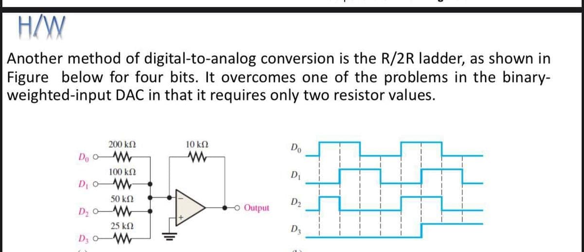 H/W
Another method of digital-to-analog conversion is the R/2R ladder, as shown in
Figure below for four bits. It overcomes one of the problems in the binary-
weighted-input DAC in that it requires only two resistor values.
200 kN
10 kN
Do
Do oW
100 kN
D1
50 kN
D2
-o Output
25 k2
D3
D3 oW
