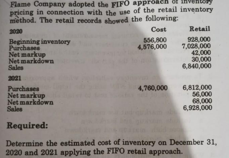 Flame Company adopted the FIFO approach of in
pricing in connection with the use of the retail inventory
method. The retail records showed the following:
entory
Cost
Retail
2020
928,000
7,028,000
42,000
30,000
6,840,000
556,800
4,576,000
Beginning inventory
Purchases
Net markup
Net markdown
Sales
2021
6,812,000
56,000
68,000
6,928,000
4,760,000
Purchases
Net markup
Net markdown
Sales
Required:
Determine the estimated cost of inventory on December 31,
2020 and 2021 applying the FIFO retail approach.
