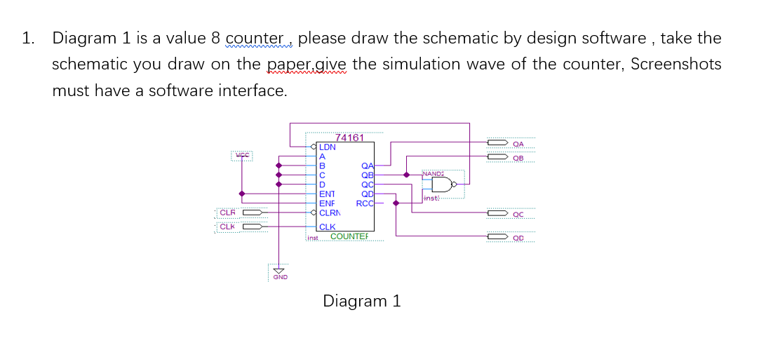 1. Diagram 1 is a value 8 counter, please draw the schematic by design software, take the
schematic you draw on the paper give the simulation wave of the counter, Screenshots
must have a software interface.
74161
LON
OA
OB
A
B
QAL
с
QB
NANDZ
D
QC
ENT
QD
inst
402
ENF
RCC-
CLF
CLRN
- ос
CLK
CLK
Einst
COUNTER
QD
Diagram 1