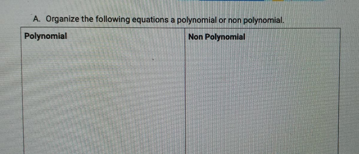A. Organize the following equations a polynomial or non polynomial.
Polynomial
Non Polynomial
