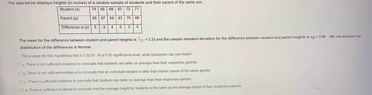 The data below displays heights (in inches) of a random sample of students and their parent of the same sex.
Student (s)
70 65 68 63 72 71
Parent (p)
65 67 64 63 70 66
Difference (s-p) 5
-2
4
2
5
The mean for the difference between student and parent heights is Xp = 2.33 and the sample standard deviation for the difference between student and parent heights is sp= 2.88. We can assume the
distribution of the differences is Normal.
The p-value for this hypothesis test is 0.0218. At a 0.05 significance level, what conclusion can you make?
O a. There is not sufficient evidence to conclude that students are taller on average than their respective parents
O b. There is not sufficient evidence to conclude that an individual student is taller than his/her parent of the same gender.
O c. There is sufficient evidence to conclude that students are taller on average than their respective parents.
O d. There is sufficient evidence to conclude that the average height for students is the same as the average height of their respective parents.
