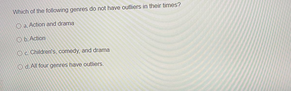 Which of the following genres do not have outliers in their times?
O a. Action and drama
O b. Action
O c. Children's, comedy, and drama
O d. All four genres have outliers.
