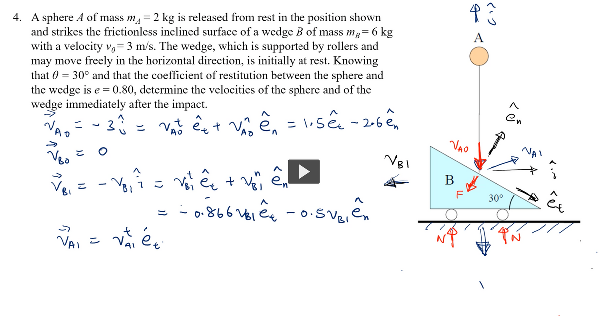 4. A sphere A of mass m= 2 kg is released from rest in the position shown
and strikes the frictionless inclined surface of a wedge B of mass m3= 6 kg
with a velocity v,= 3 m/s. The wedge, which is supported by rollers and
may move freely in the horizontal direction, is initially at rest. Knowing
that 0 = 30° and that the coefficient of restitution between the sphere and
the wedge is e = 0.80, determine the velocities of the sphere and of the
wedge immediately after the impact.
A
en
へ
3ミ - + è. = usá-262,
こ
NAO
ex
AD
VAO
NAI
Vo
こ
В
VBi et + V81
30°
こ
BI
-o.866 V8l ex - 0.S Ver en
it
VA」こ Va
くク
く。
