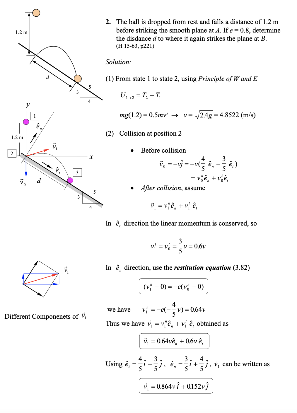 2. The ball is dropped from rest and falls a distance of 1.2 m
before striking the smooth plane at A. If e = 0.8, determine
the disdance d to where it again strikes the plane at B.
(Н 15-63, р221)
1.2 m
Solution:
(1) From state 1 to state 2, using Principle of W and E
U1-2 = T, – T,
y
mg(1.2) 3 0.5mту' >
v= /2.4g = 4.8522 (m/s)
1
(2) Collision at position 2
1.2 m
Before collision
2
4
=-v(-
3
v, = -vŷ
ê,
ê,)
in
5
3
= vê, + vê,
After collision, assume
d
5
v, = v"ê, + v{ ê,
In ê, direction the linear momentum is conserved, so
3
vi = vó = 5"
v = 0.6v
In ê, direction, use the restitution equation (3.82)
(v" – 0) = -e(v" – 0)
4
we have
v =-e(--v)= 0.64v
5
Different Componenets of V
Thus we have i, = v" ê, + v{ ê, obtained as
v, = 0.64vê, + 0.6v ê,
3
Using ê,
5
j, ê,
+
v, can be written as
%3D
v, = 0.864v î + 0.152vĵ
