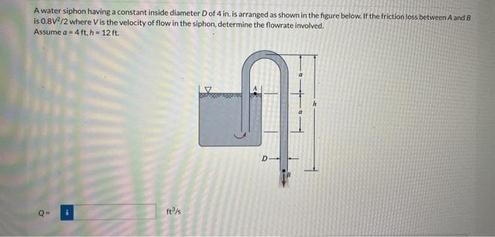 A water siphon having a constant inside diameter D of 4 in. is arranged as shown in the figure below. If the friction loss between A and B
is 0.8V2/2 where Vis the velocity of flow in the siphon, determine the flowrate involved.
Assume a = 4ft, h = 12 ft.
Q=
ft³/s
D
D