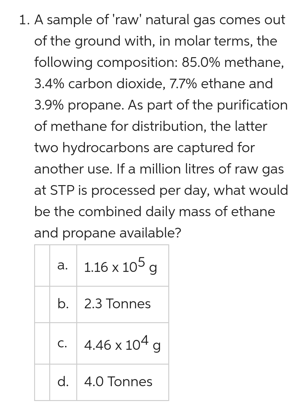 1. A sample of 'raw' natural gas comes out
of the ground with, in molar terms, the
following composition: 85.0% methane,
3.4% carbon dioxide, 7.7% ethane and
3.9% propane. As part of the purification
of methane for distribution, the latter
two hydrocarbons are captured for
another use. If a million litres of raw gas
at STP is processed per day, what would
be the combined daily mass of ethane
and propane available?
a. 1.16 x 105 g
b.
2.3 Tonnes
4.46 x 104 g
С.
d. 4.0 Tonnes
