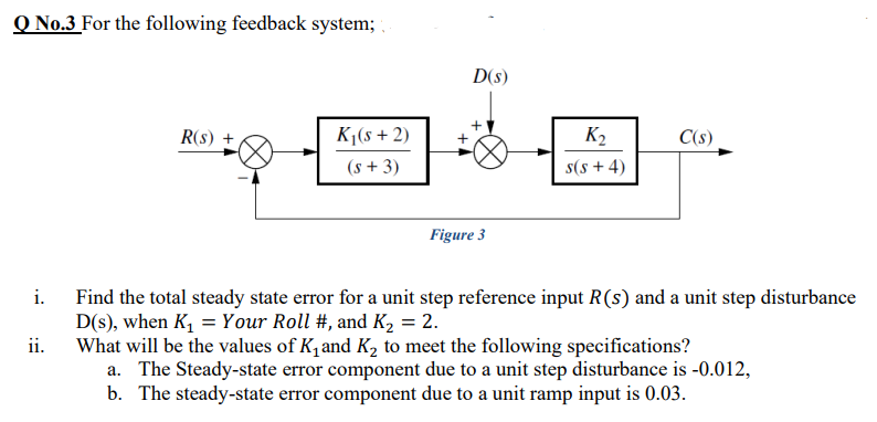 O No.3 For the following feedback system;
D(s)
R(s) +
K¡(s + 2)
K2
C(s)
(s + 3)
s(s + 4)
Figure 3
i.
Find the total steady state error for a unit step reference input R(s) and a unit step disturbance
D(s), when K, = Your Roll #, and K, = 2.
What will be the values of Kq and K, to meet the following specifications?
a. The Steady-state error component due to a unit step disturbance is -0.012,
b. The steady-state error component due to a unit ramp input is 0.03.
ii.
