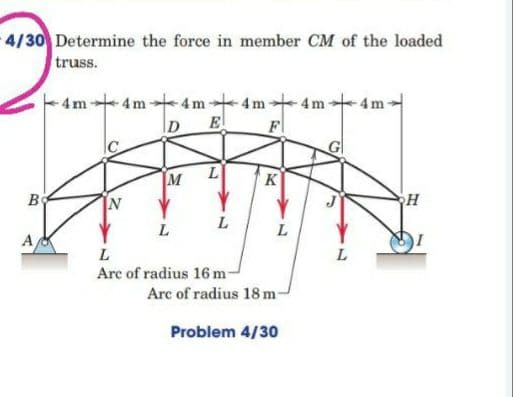 4/30 Determine the force in member CM of the loaded
truss.
-4m4m-
F
4m4m4m4m
E
M
K
Be
IN
L
L.
A
L
Arc of radius 16 m-
Arc of radius 18 m-
Problem 4/30
